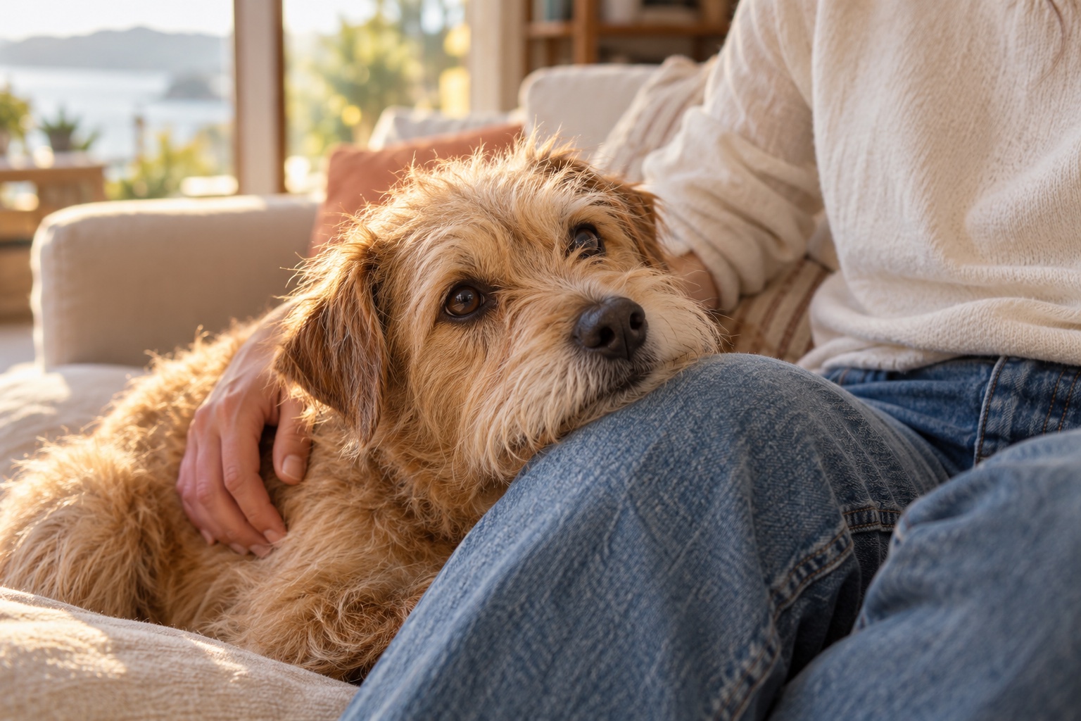 A scruffy little terrier resting its chin on its owner’s knee