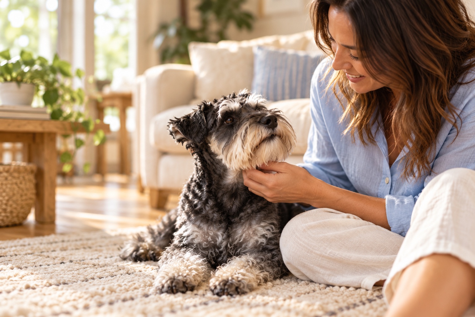 A woman gently stroking her relaxed Schnauzer at home