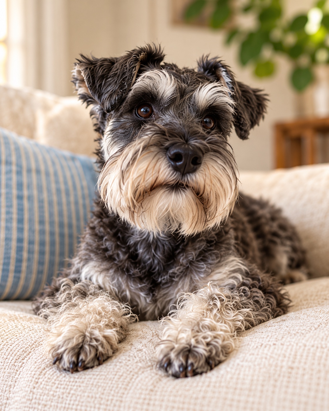 A miniature Schnauzer relaxing at home