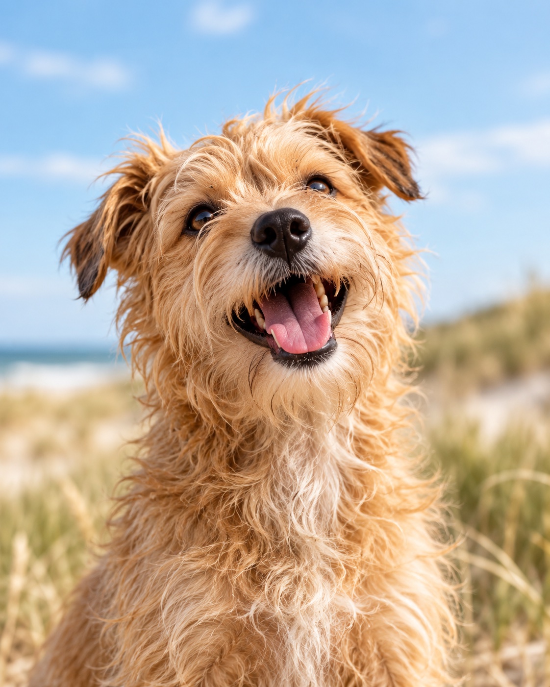 A happy scruffy terrier enjoying the sunshine